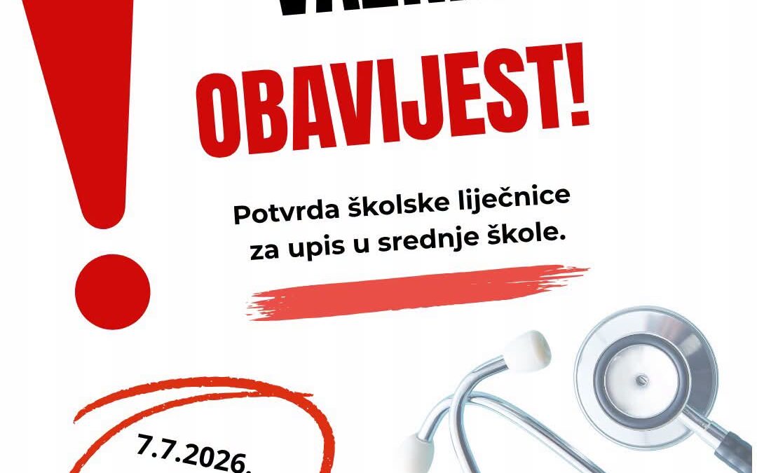 Obavijest o izdavanju potvrda za upis u srednje škole
